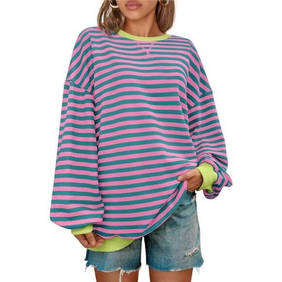 Women's‎ Striped Oversized Sweatshirt, Crewneck Long Sleeve Casual Pullover Y2K - Picture 7 of 7